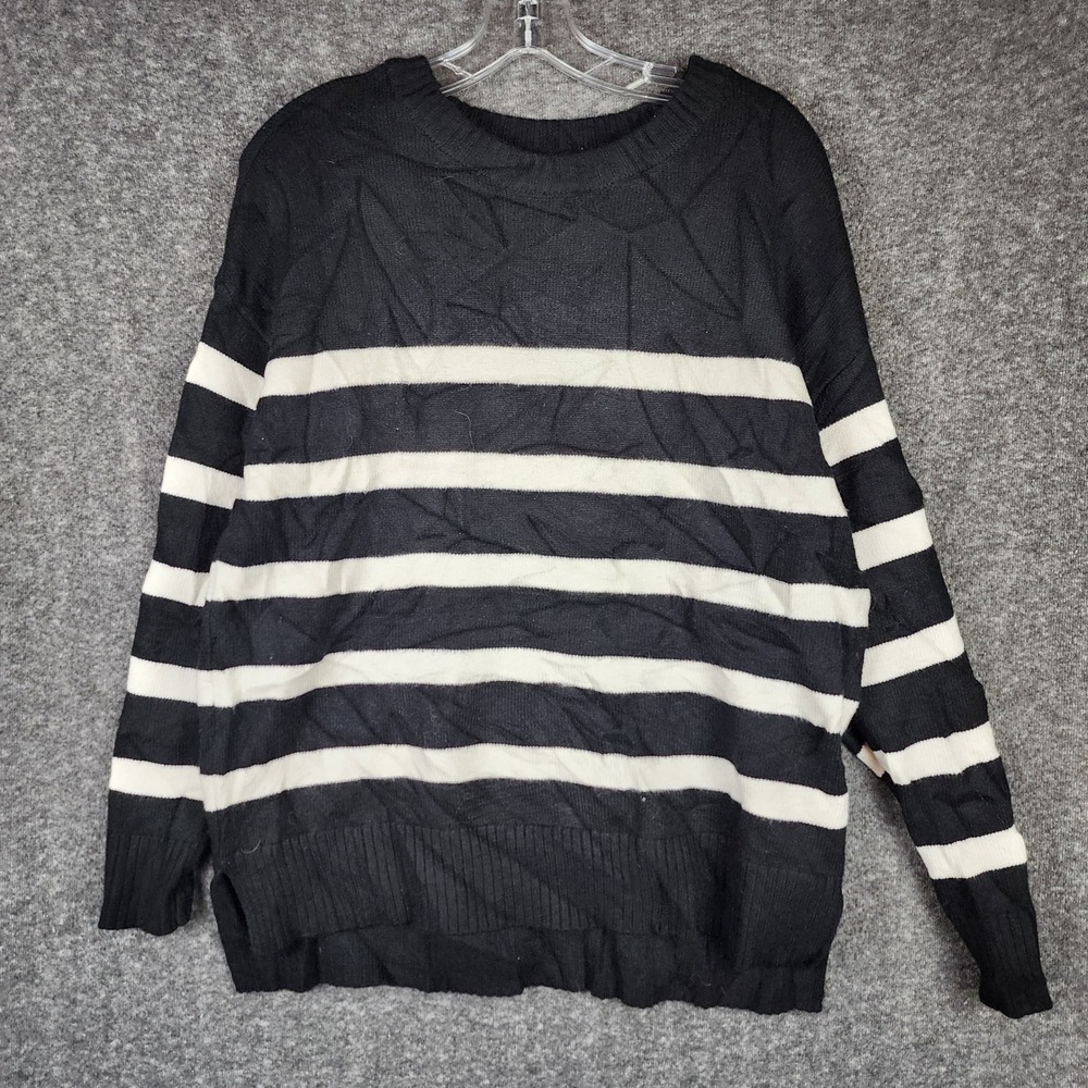 French Connection Striped Sweater Women Small Black White Crew Neck Ribbed Trim
